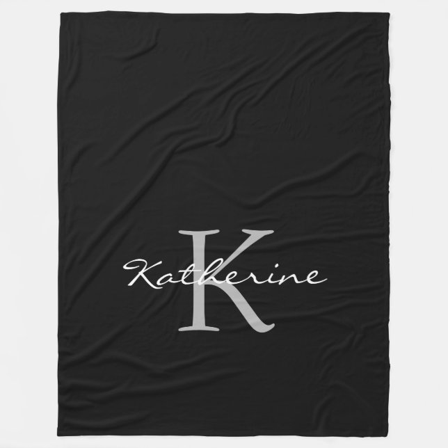 Elegant Black Script Monogram Personalized Name Fleece Blanket (Front)