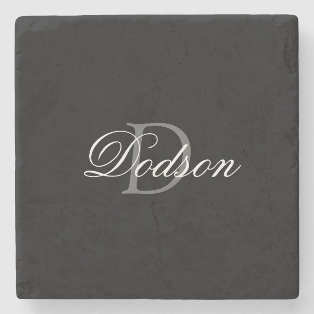 Elegant Black Script Monogram Stone Coaster (Front)
