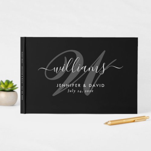 Elegant Black Script Monogram Wedding Guest Book