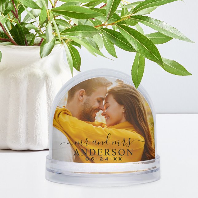 Elegant Black Script Mr and Mrs Photo Snow Globe (Creator Uploaded)