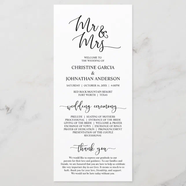 Elegant Black Script, Mr and Mrs, Wedding Ceremony Program | Zazzle