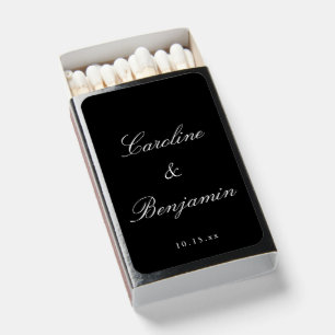 Elegant Black Script Names and Date Wedding Favor Matchboxes