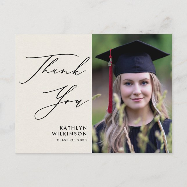 Elegant Black Script on Cream Graduation Thank You Postcard (Front)