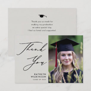 Elegant Black Script on Grey Photo Graduation Thank You Card