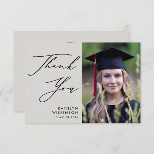 Elegant Black Script on Grey Photo Graduation Thank You Card
