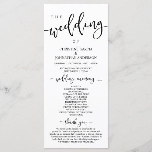 Elegant Black Script Our Wedding Ceremony Program