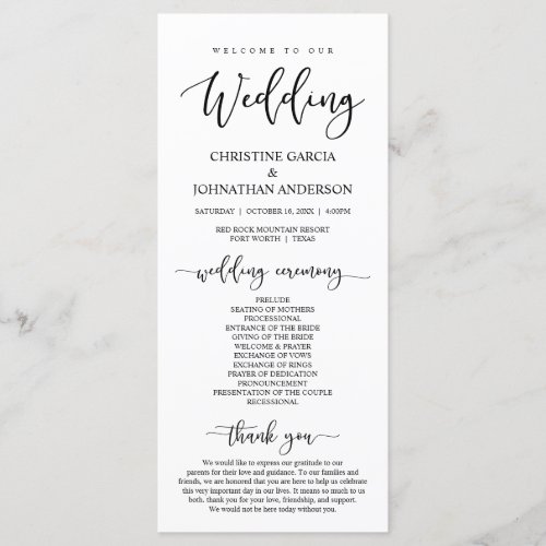 Elegant Black Script Our Wedding Ceremony Program