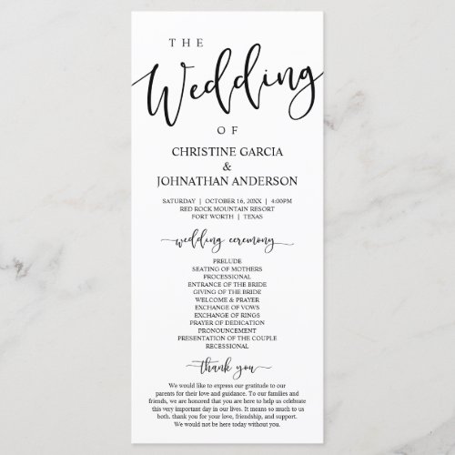 Elegant Black Script Our Wedding Ceremony Program