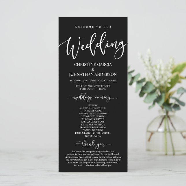 Elegant Black Script, Our Wedding Ceremony Program (Standing Front)
