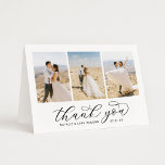 Elegant Black Script Personalized 3 Photo Wedding Thank You Card<br><div class="desc">Folded horizontal wedding thank you cards feature an elegant and stylish black calligraphy script "Thank You" text with scrolling flourishes. Personalize the front with 3 favorite portrait photos of the bride and groom, as well as a simple sans serif monogram of the couple's names. The inside of the card includes...</div>