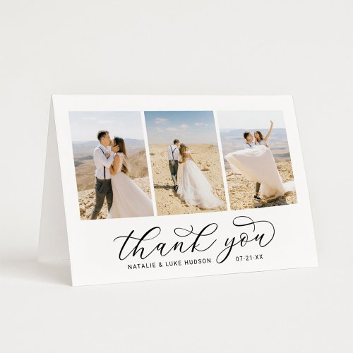Elegant Black Script Personalized 3 Photo Wedding Thank You Card