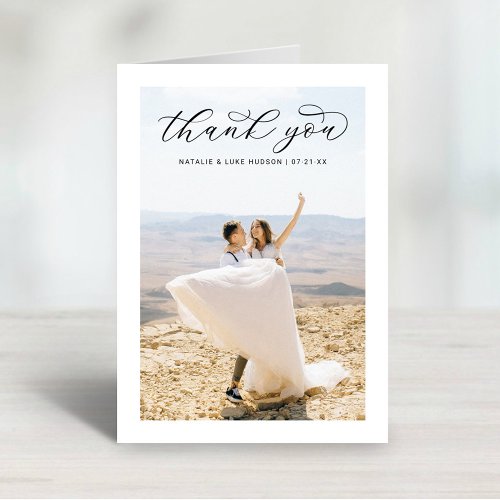 Elegant Black Script Personalized Wedding Photo Thank You Card