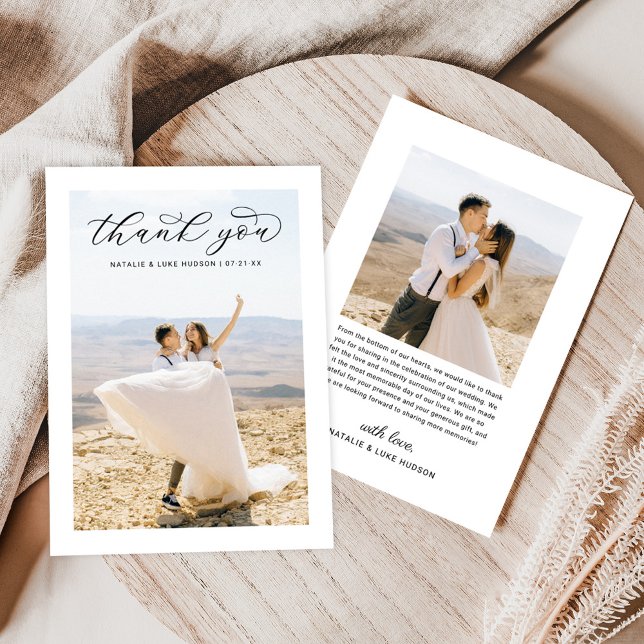 Elegant Black Script Personalized Wedding Photo Thank You Card (Creator Uploaded)