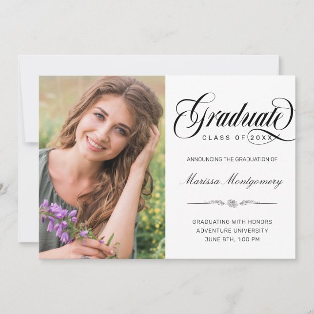 Elegant Black Script Photo College Graduation Announcement (Front)