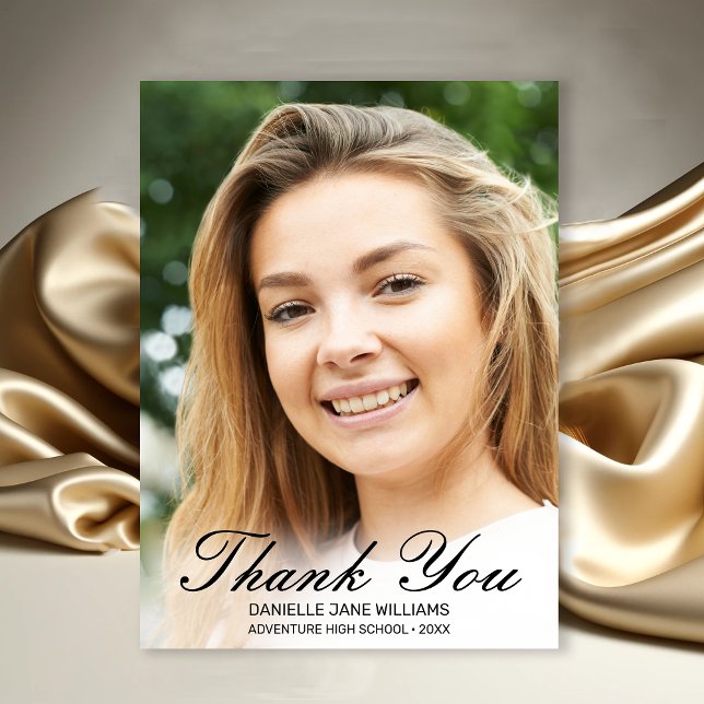 Elegant Black Script Photo Graduation Thank You (Modern Photo Black Script Graduation Thank You Card)