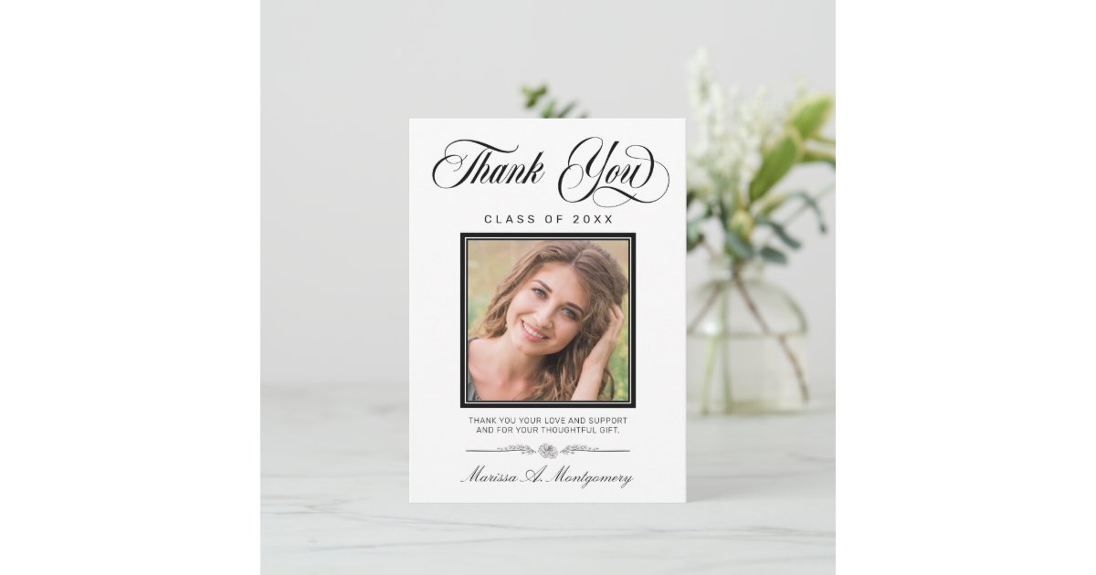 Elegant Black Script Photo Graduation Thank You Card | Zazzle