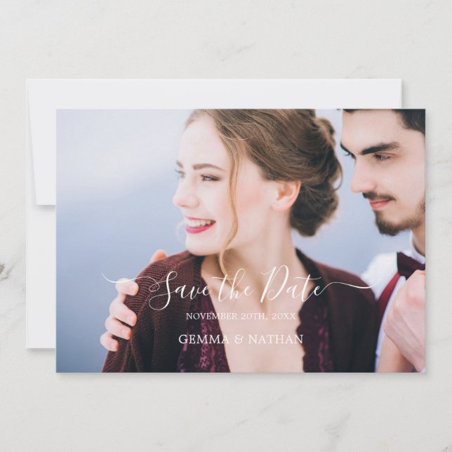 Elegant Black Script Photo Save the Date Card (Front)