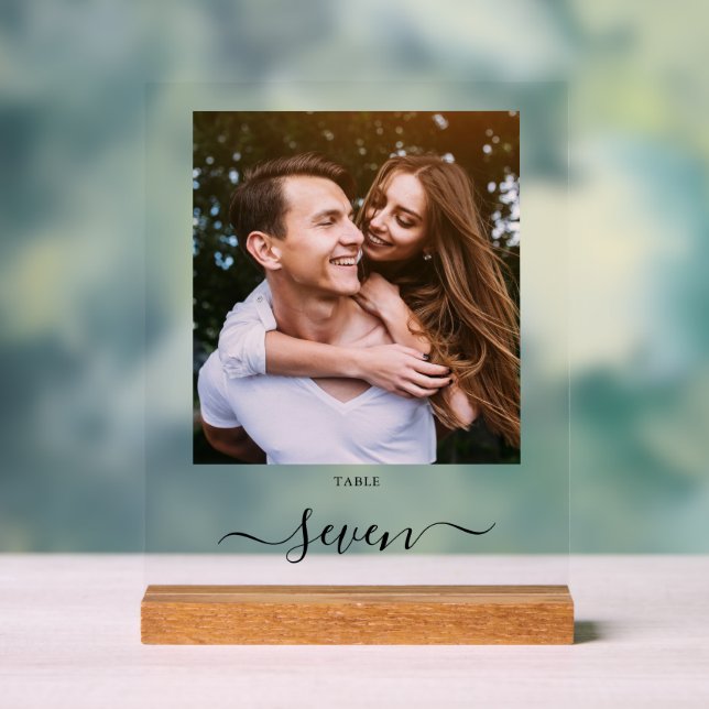 Elegant Black Script Photo Table Number Acrylic Sign (Neutral)