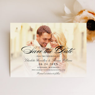 Elegant Black Script Photo Wedding Save The Date