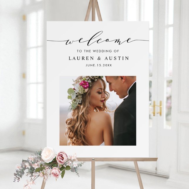 Elegant Black Script Photo Wedding Welcome Foam Board (Creator Uploaded)