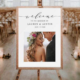 Elegant Black Script Photo Wedding Welcome Sign
