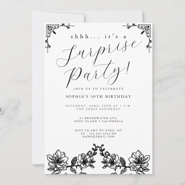 Elegant Black Script Surprise Party Invitation (Front)