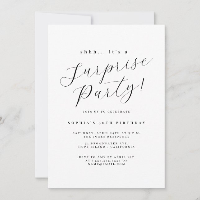 Elegant Black Script Surprise Party  Invitation (Front)