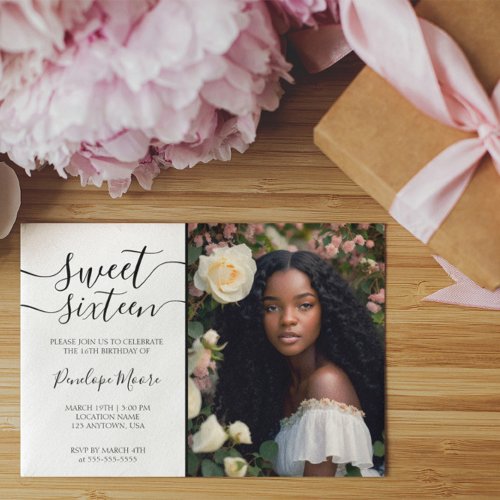 Elegant Black Script Sweet 16 Birthday Photo Invitation