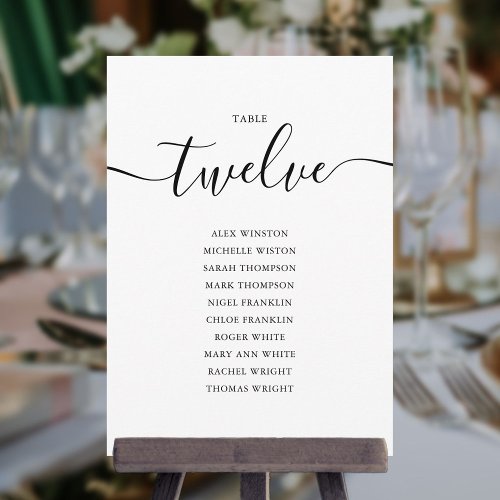 Elegant Black Script Table Number 12 Seating Chart