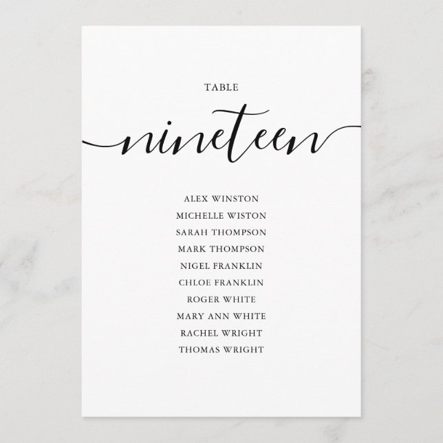 Elegant Black Script Table Number 19 Seating Chart (Front)