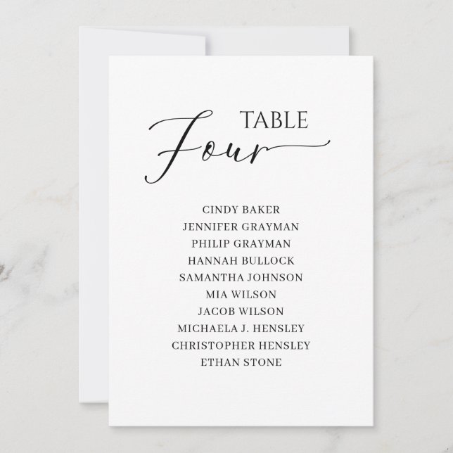 Elegant Black Script Table Number 4 Seating Chart (Front)