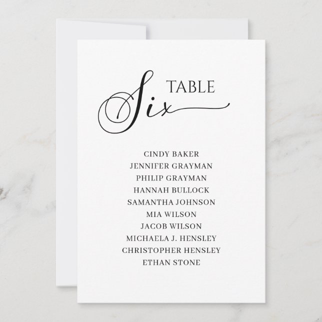 Elegant Black Script Table Number 6 Seating Chart (Front)