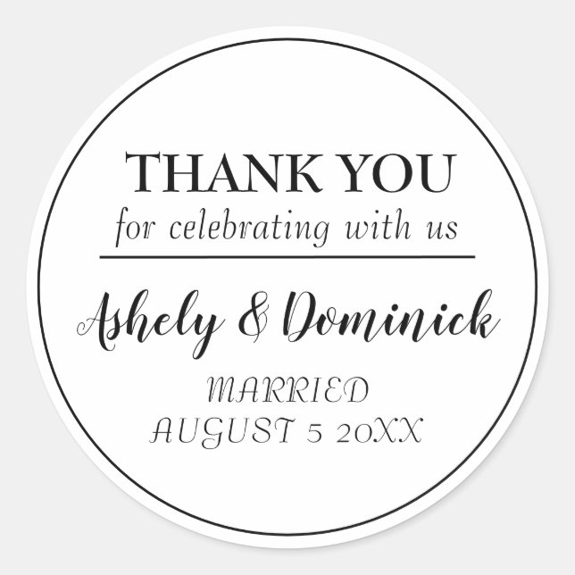 Elegant Black Script Thank You Wedding Favor  Classic Round Sticker (Front)