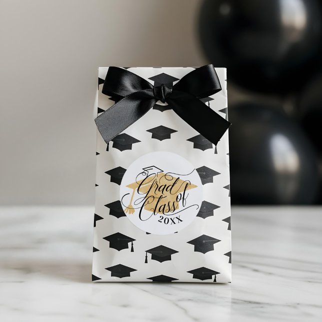 Elegant Black Script Typographic Gold Grad Cap Classic Round Sticker (Elegant Black Script Typographic Gold Grad Cap Classic Round Sticker)