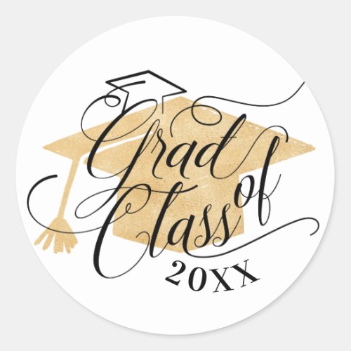 Elegant Black Script Typographic Gold Grad Cap Classic Round Sticker