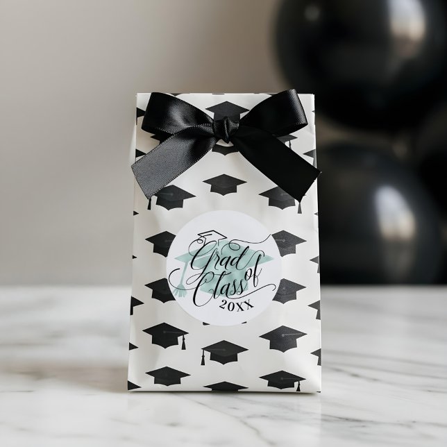 Elegant Black Script Typographic Green Grad Cap Classic Round Sticker (Elegant Black Script Typographic Green Grad Cap Classic Round Sticker)