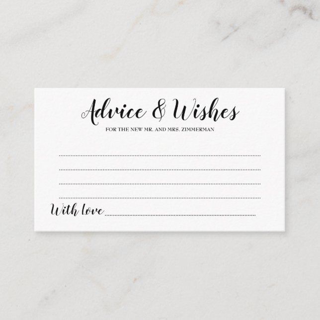 Elegant Black Script Wedding Advice & Wishes Card (Front)