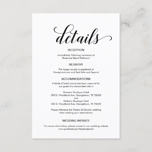 Elegant Black Script Wedding Details Information Enclosure Card