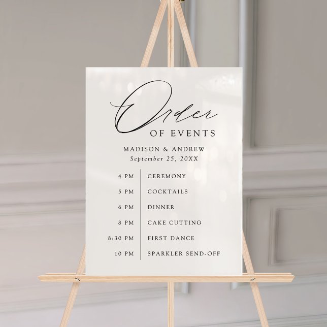 Elegant Black Script Wedding Order of Events Acrylic Sign (Creator Uploaded)