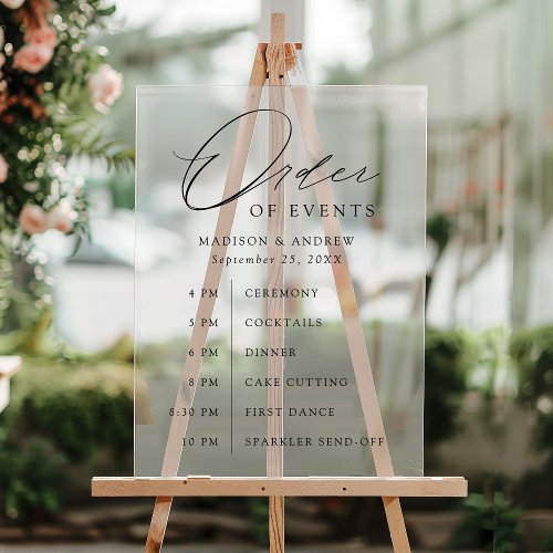 Elegant Black Script Wedding Order of Events Acrylic Sign