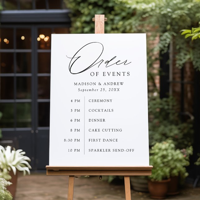 Elegant Black Script Wedding Order of Events Foam Board (Creator Uploaded)