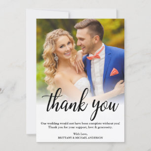Elegant Black Script Wedding Photo Thank You Card