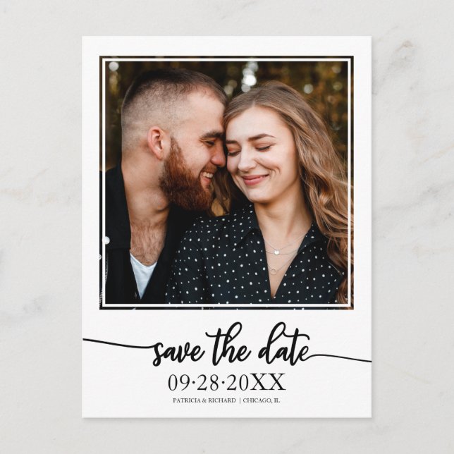 Elegant Black Script Wedding Save The Date Photo Postcard (Front)