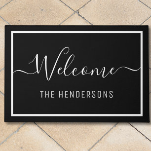 Elegant Black Script Welcome Personalized Doormat