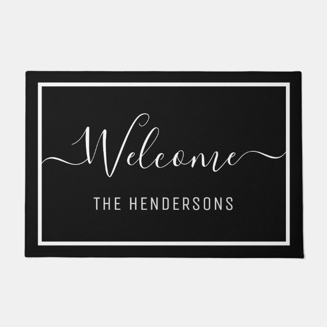 Elegant Black Script Welcome Personalized Doormat (Front)