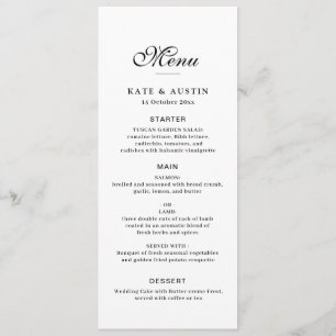elegant black script white wedding menu card