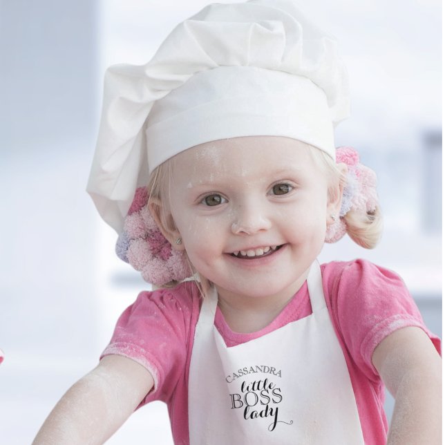 Elegant Black Scripted Little Boss Lady Add Name Kids' Apron (Elegant Black Scripted Little Boss Lady Add Name Kids' Apron)