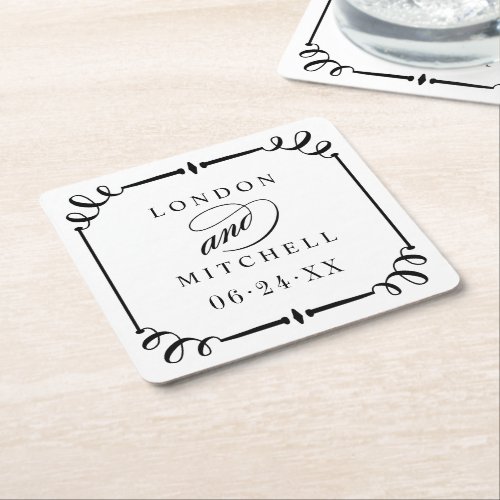 Elegant Black Scroll Frame Custom Wedding Monogram Square Paper Coaster