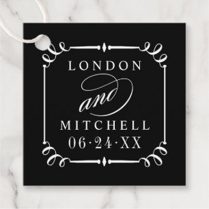 Elegant Black Scroll Frame Monogram Wedding Favor Tags