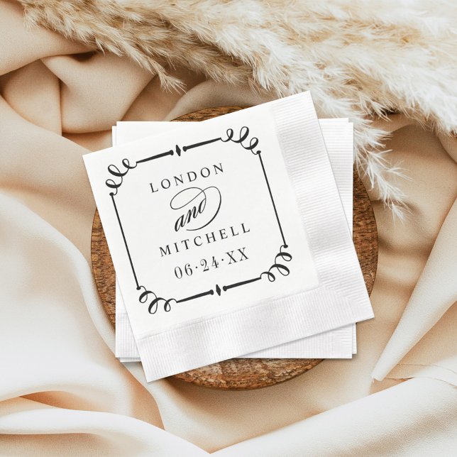 Elegant Black Scroll Frame Monogram Wedding Napkins (Creator Uploaded)